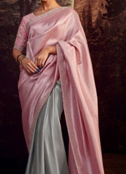Grey With Pink Faux Crepe Embroidered Half And Half Saree Party Wear