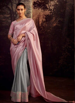 Grey With Pink Faux Crepe Embroidered Half And Half Saree Party Wear -Deals Chic Lehenga Store Grey with Pink Faux Crepe Embroidered Half and Half Saree SASLI21375263 u