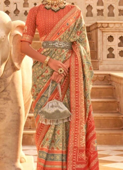 Khakhi Art Silk Printed Saree Festive Wear