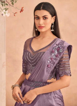 Lavender Chinon Silk Ready Pleated Saree Party Wear -Deals Chic Lehenga Store Lavender Chinon Silk Ready Pleated Saree SASKA36357301D b