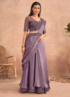 Lavender Chinon Silk Ready Pleated Saree Party Wear -Deals Chic Lehenga Store Lavender Chinon Silk Ready Pleated Saree SASKA36357301D u