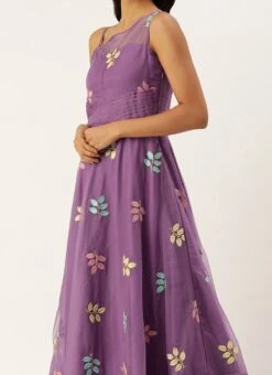 Lavender Embroidered Organza One Shoulder Gown Party Wear