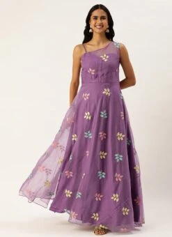 Lavender Embroidered Organza One Shoulder Gown Party Wear -Deals Chic Lehenga Store Lavender Embroidered Organza One Shoulder Gown IWBS02308839 u