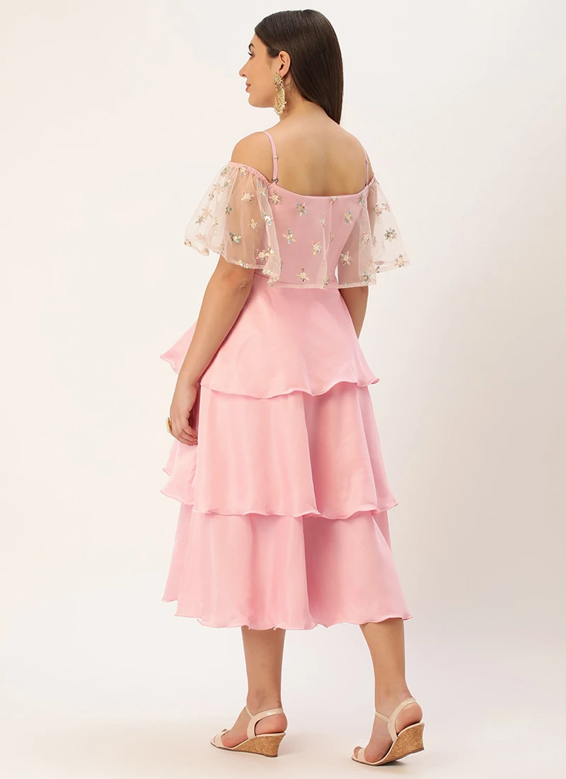 Light Beige Embroidered Net N Pink Satin Dress Party Wear 4 Light Beige Embroidered Net N Pink Satin Dress Party Wear - Image 4