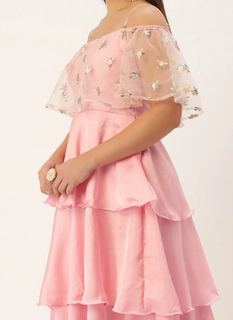 Light Beige Embroidered Net N Pink Satin Dress Party Wear 1 Light Beige Embroidered Net N Pink Satin Dress Party Wear