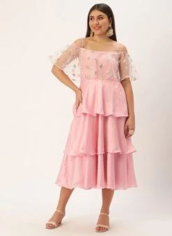 White Embroidered Net N Pink Satin Dress Party Wear -Deals Chic Lehenga Store Light Beige Embroidered Net N Pink Satin Dress DRBS02302457 u 1