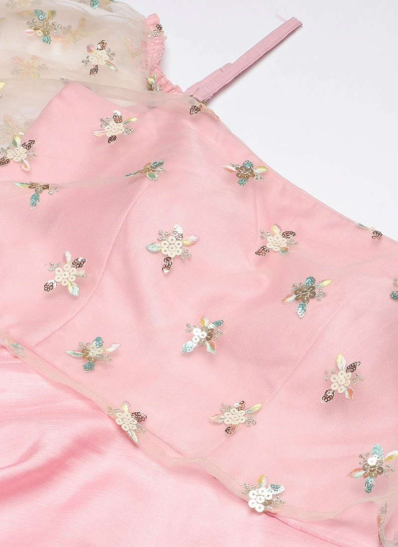 Light Beige Embroidered Net N Pink Satin Dress Party Wear 5 Light Beige Embroidered Net N Pink Satin Dress Party Wear - Image 5