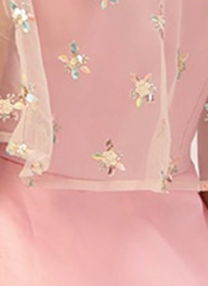 Light Beige Embroidered Net N Pink Satin Dress Party Wear 7 Light Beige Embroidered Net N Pink Satin Dress Party Wear - Image 7