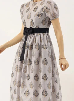 Lilac Hint Chanderi Silk Puff Sleeve Dress Festive Wear