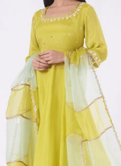 Lime Green Chinon Silk Mirror Work Anarkali Suit Wedding Wear