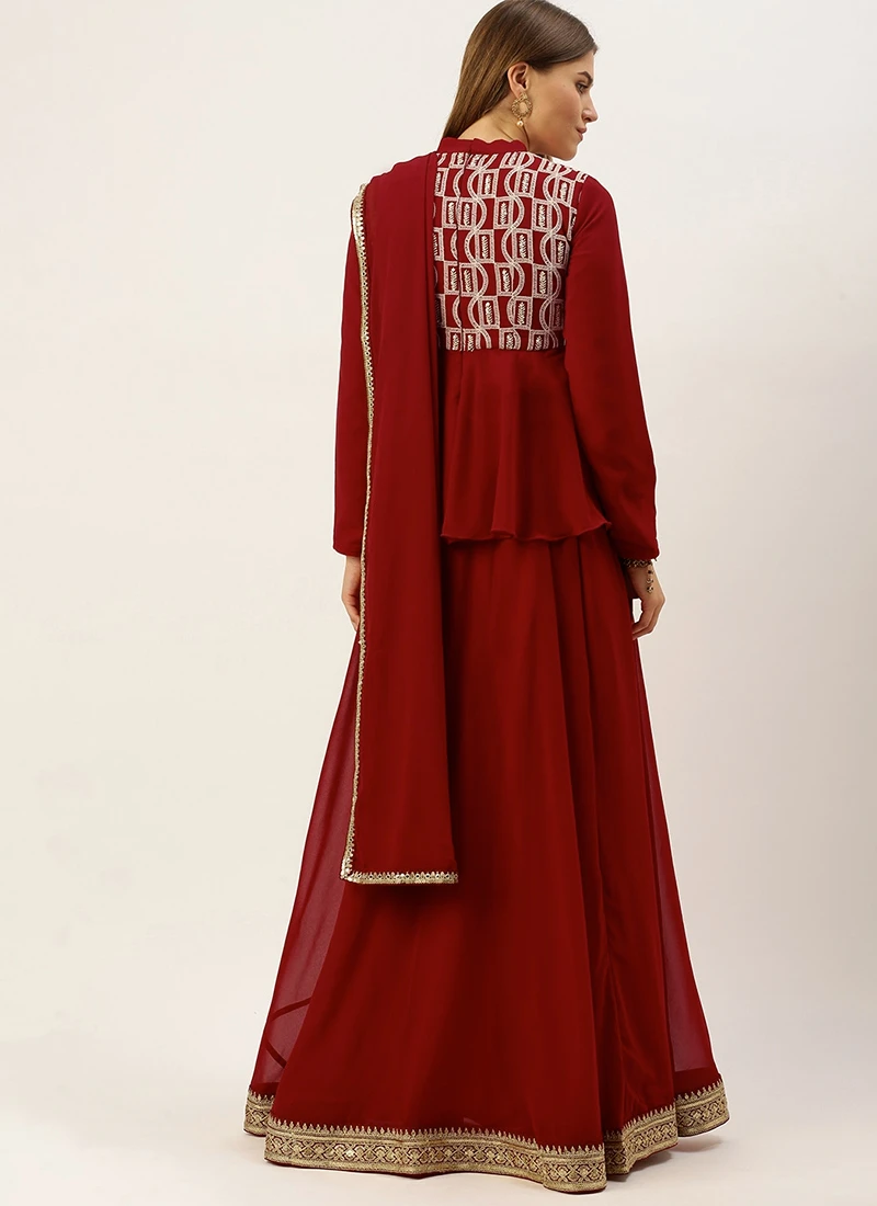 Long Choli Full Sleeve Maroon Embroidered Lehenga Festive Wear 4 Long Choli Full Sleeve Maroon Embroidered Lehenga Festive Wear - Image 4