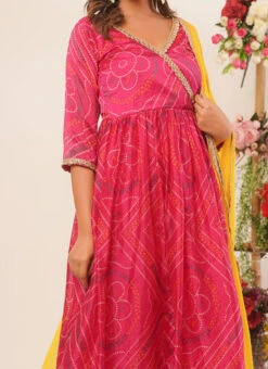 Magenta Silk Bandhini Anarkali Suit Festive Wear