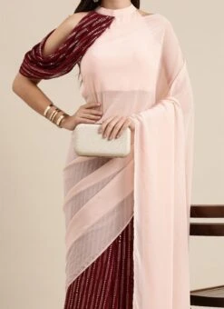 Maroon And Peach Embroidered Half N Half Saree Festive Wear