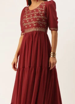 Maroon Art Silk N Geogette Flare Dress Festive Wear