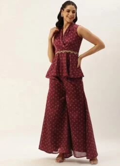 Bottom From Maroon Art Silk Printed Co Ords Set After Six Wear -Deals Chic Lehenga Store Maroon Art Silk Printed Co Ords Set IWBS02302301 u