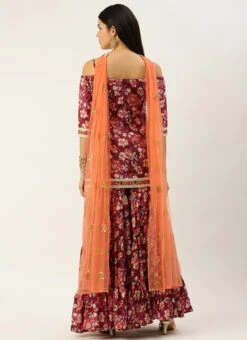 Dupatta From Maroon Art Silk Printed Gharara Set After Six Wear -Deals Chic Lehenga Store Maroon Art Silk Printed Gharara Set SLBS02302280 b