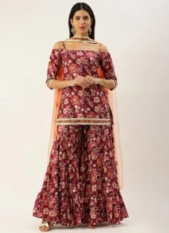 Bottom From Maroon Art Silk Printed Gharara Set After Six Wear -Deals Chic Lehenga Store Maroon Art Silk Printed Gharara Set SLBS02302280 u 2