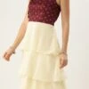 Maroon Art Silk Printed N Off White Layered Dress Festive Wear