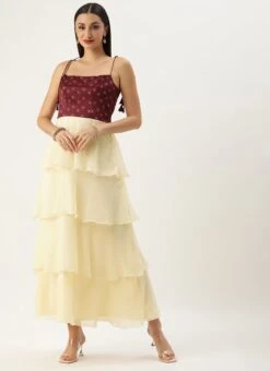 Maroon Art Silk Printed N Off White Layered Dress Festive Wear -Deals Chic Lehenga Store Maroon Art Silk Printed N Off White Layered Dress IWBS02303686 u