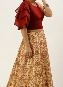 Maroon Blouse N Beige Digital Printed Kali Lehenga Festive Wear