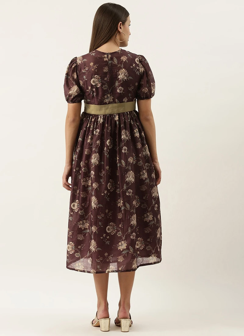 Maroon Chanderi Silk Puff Sleeve Dress Festive Wear After Six Wear 4 Maroon Chanderi Silk Puff Sleeve Dress Festive Wear After Six Wear - Image 4