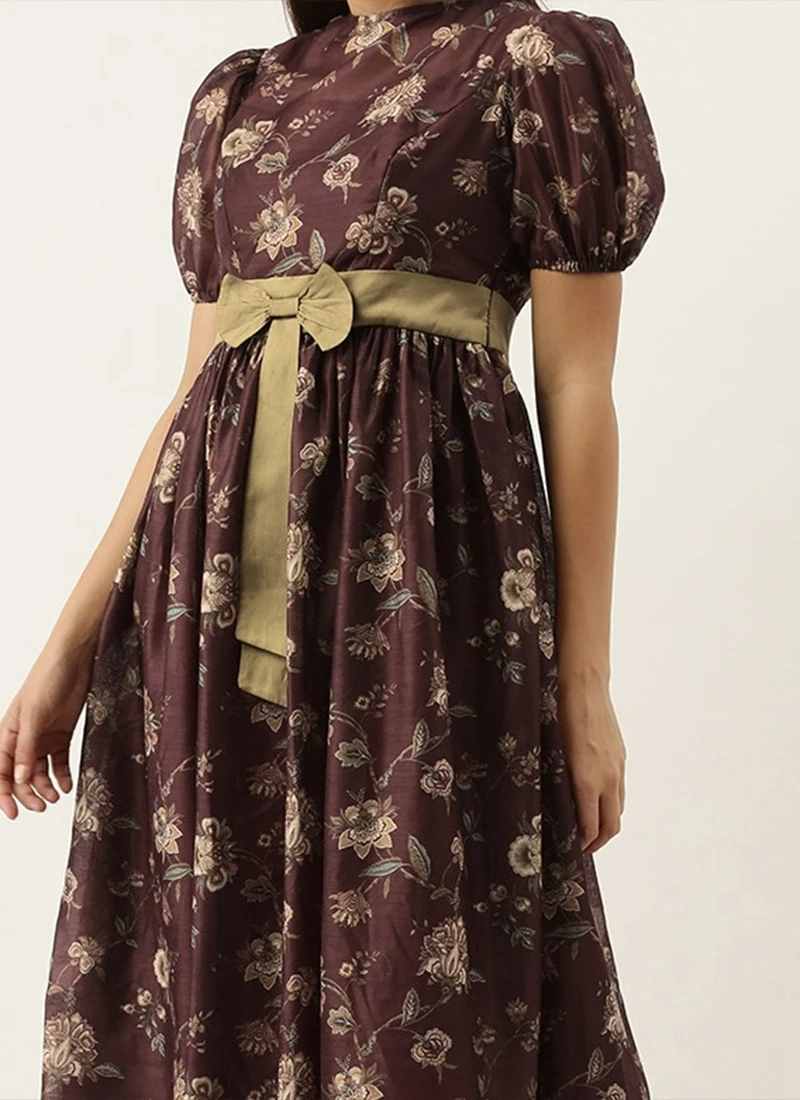 Maroon Chanderi Silk Puff Sleeve Dress Festive Wear After Six Wear 1 Maroon Chanderi Silk Puff Sleeve Dress Festive Wear After Six Wear