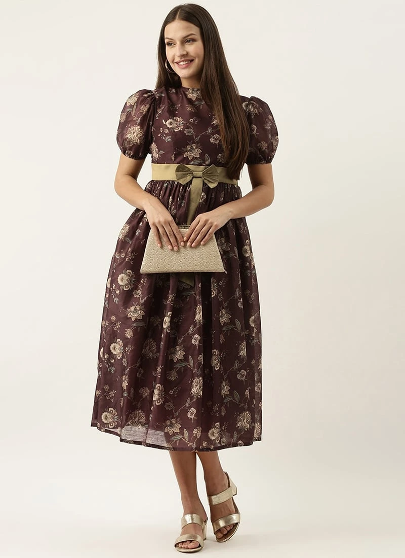 Maroon Chanderi Silk Puff Sleeve Dress Festive Wear After Six Wear 3 Maroon Chanderi Silk Puff Sleeve Dress Festive Wear After Six Wear - Image 3