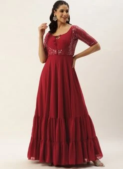 Jacket From Maroon Embroidered Georgette Jacket Style Gown -Deals Chic Lehenga Store Maroon Embroidered Georgette Jacket Style Gown IWBS02304059 u