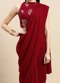 Maroon Georgette Sequins Half N Half Sari Festive Wear