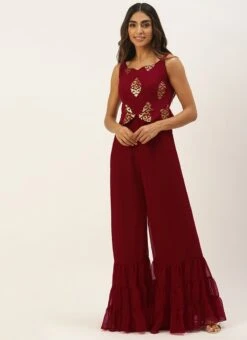 Maroon Georgette Sequins Jumpsuit Festive Wear -Deals Chic Lehenga Store Maroon Georgette Sequins Jumpsuit DRBS02208429 u