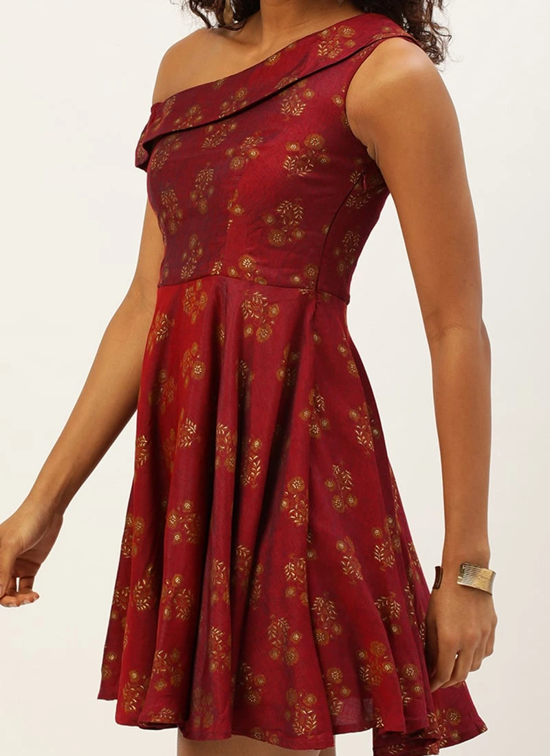 Maroon Printed One Shoulder Dress Party Wear After Six Wear 1 Maroon Printed One Shoulder Dress Party Wear After Six Wear