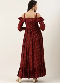 Maroon Rayon Printed Strap Neckline Dress After Six Wear -Deals Chic Lehenga Store Maroon Rayon Printed Strap Neckline Dress DRBS02204728 b