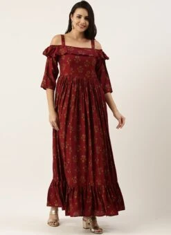 Maroon Rayon Printed Strap Neckline Dress After Six Wear -Deals Chic Lehenga Store Maroon Rayon Printed Strap Neckline Dress DRBS02204728 u