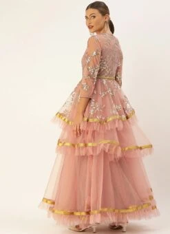 Mauve Crew Neck Layered Net Embroidered Gown Wedding Wear 7 Mauve Crew Neck Layered Net Embroidered Gown Wedding Wear -Deals Chic Lehenga Store Mauve Crew Neck Layered Net Embroidered Gown IWBS02007263 b