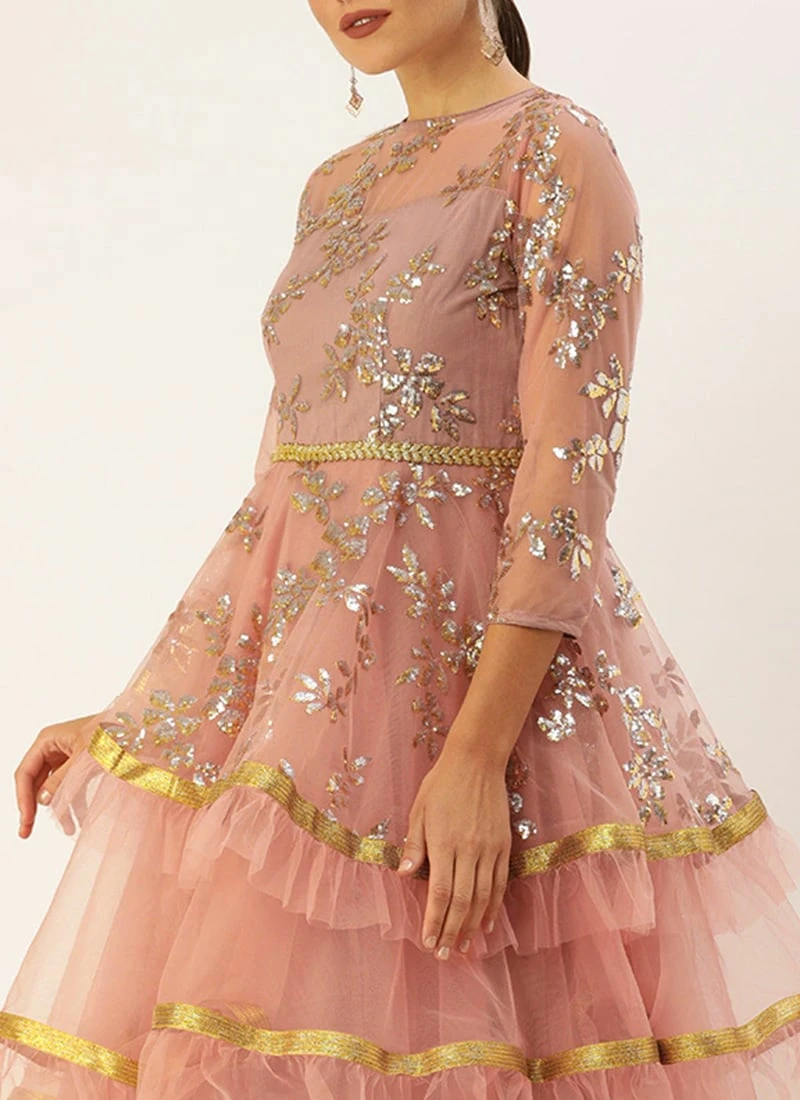 Mauve Crew Neck Layered Net Embroidered Gown Wedding Wear 1 Mauve Crew Neck Layered Net Embroidered Gown Wedding Wear