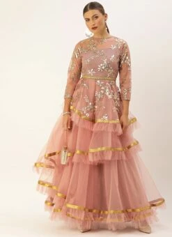 Mauve Crew Neck Layered Net Embroidered Gown Wedding Wear 6 Mauve Crew Neck Layered Net Embroidered Gown Wedding Wear -Deals Chic Lehenga Store Mauve Crew Neck Layered Net Embroidered Gown IWBS02007263 u