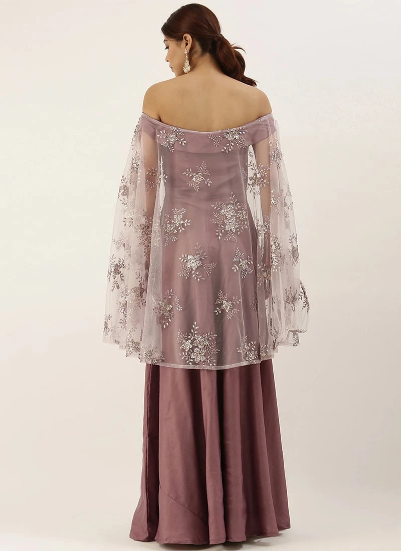 Mauve Embroidered Net Cape Style Gown Party Wear 4 Mauve Embroidered Net Cape Style Gown Party Wear - Image 4