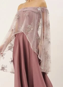 Mauve Embroidered Net Cape Style Gown Party Wear