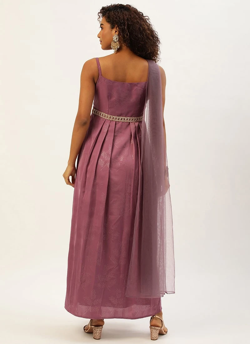 Mauve Foil Printed Satin Draped Gown Party Wear 4 Mauve Foil Printed Satin Draped Gown Party Wear - Image 4