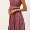 Mauve Foil Printed Satin Draped Gown Party Wear