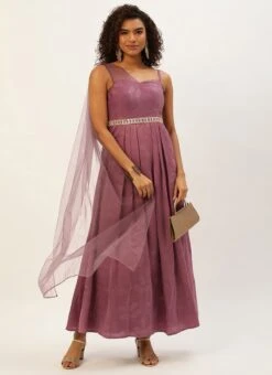 Mauve Foil Printed Satin Draped Gown Party Wear 10 Mauve Foil Printed Satin Draped Gown Party Wear -Deals Chic Lehenga Store Mauve Foil Printed Satin Draped Gown IWBS02209695 u