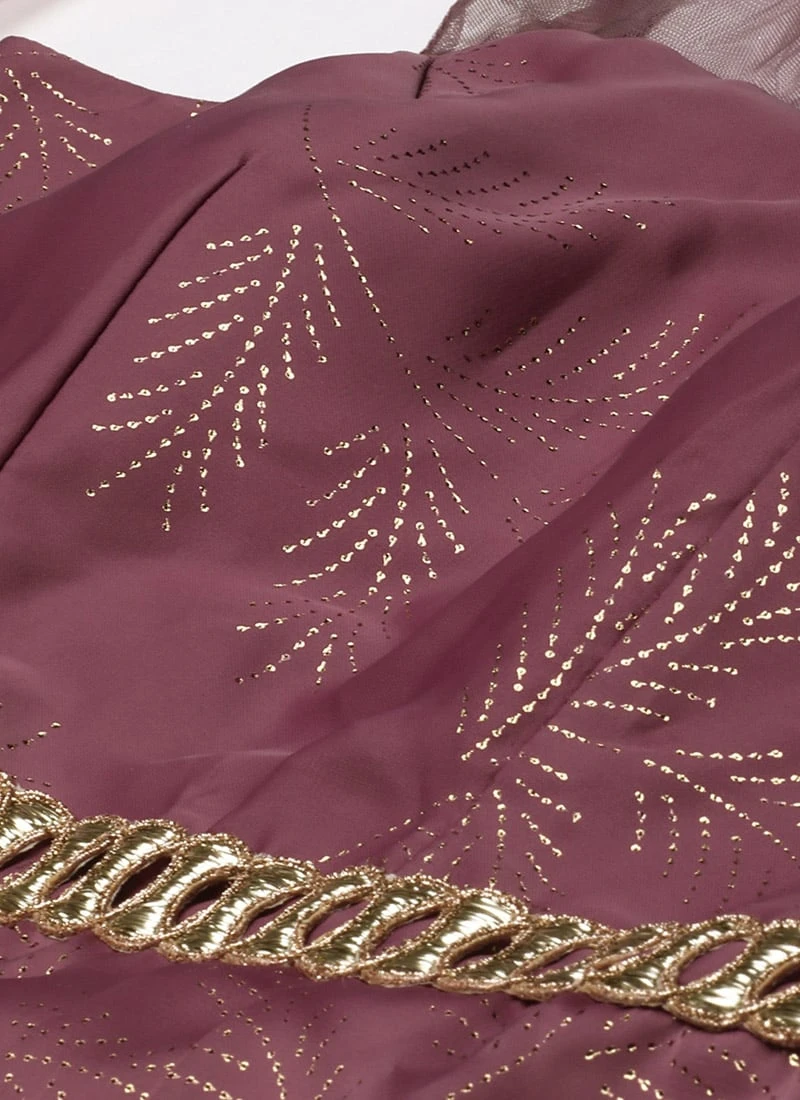 Mauve Foil Printed Satin Draped Gown Party Wear 5 Mauve Foil Printed Satin Draped Gown Party Wear - Image 5