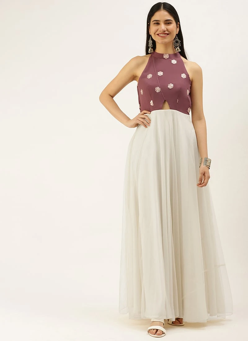 Mauve N White Embroidered Gown Festive Wear 3 Mauve N White Embroidered Gown Festive Wear - Image 3
