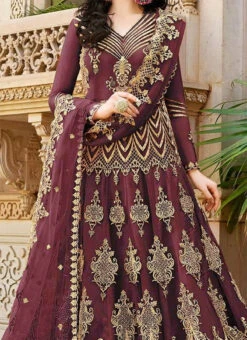 Mauve Net Long Choli A Line Lehenga Wedding Wear