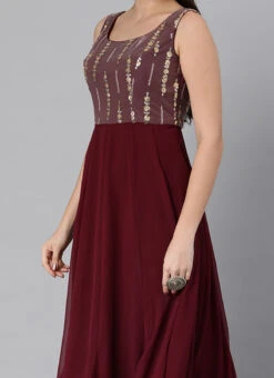 Mauve Net Sequins N Burgundy Godet Dress Festive Wear Wedding Wear