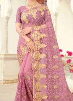 Mauve Net Zari Embroidery N Stones Saree Festive Wear