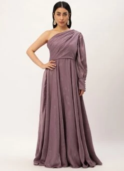 Mauve Satin Blend Foil Printed Gown Party Wear -Deals Chic Lehenga Store Mauve Satin Blend Foil Printed Gown IWBS02301072 u