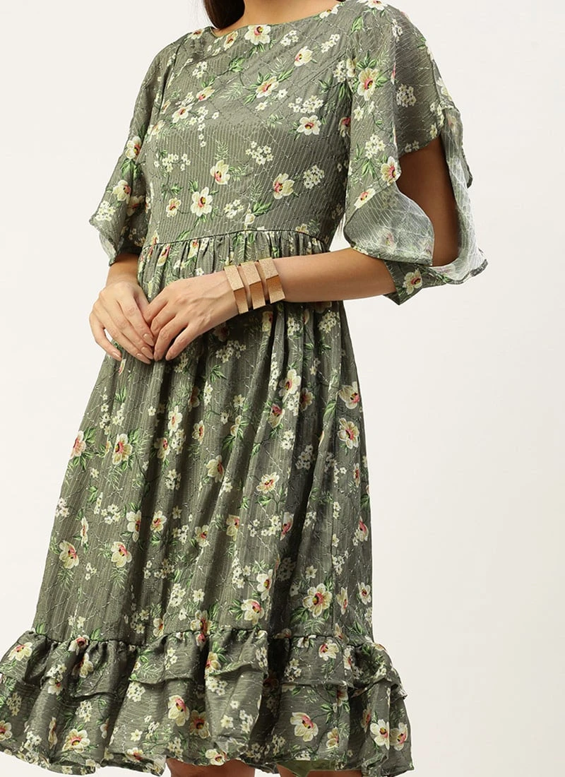 Mehndi Green Georgette Printed Dress After Six Wear Party Wear 1 Mehndi Green Georgette Printed Dress After Six Wear Party Wear