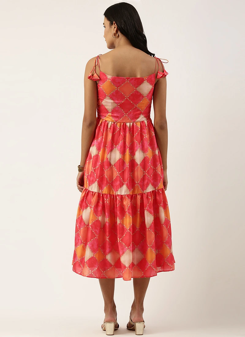 Multicolor Printed Gathered Style Midi Dress Festive Wear 4 Multicolor Printed Gathered Style Midi Dress Festive Wear - Image 4