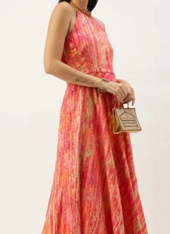 Multicolored Art Silk Halter Neck Gown After Six Wear